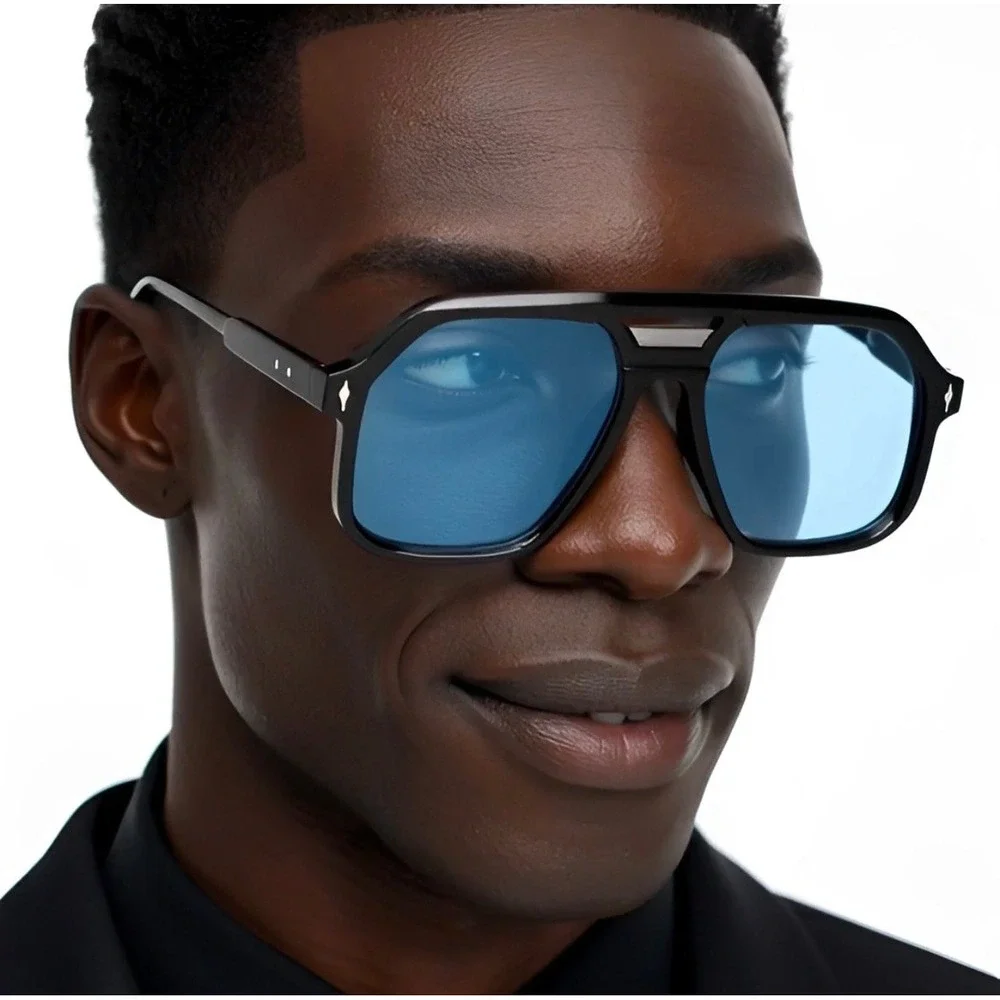 Mens Black Oversized Navigator Sunglasses‎ Blue Tinted Lens Square Aviator Frame
